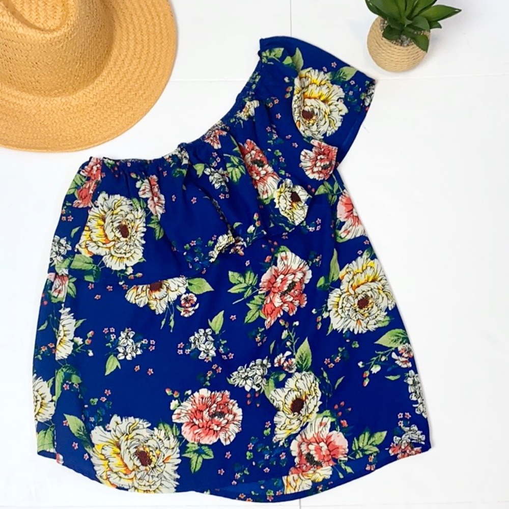 Lily White One Shoulder Ruffled Blouse Blue Floral